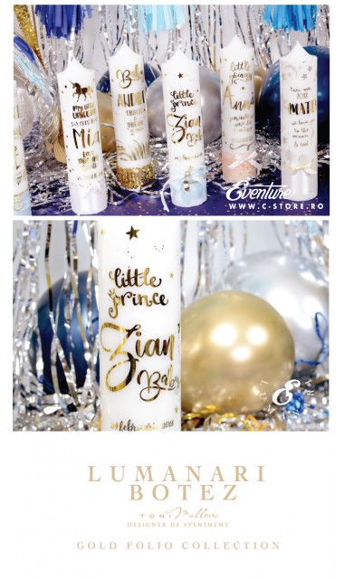Lumanare de botez personalizata, print folio gold, 30x8cm, Printul nostru 1